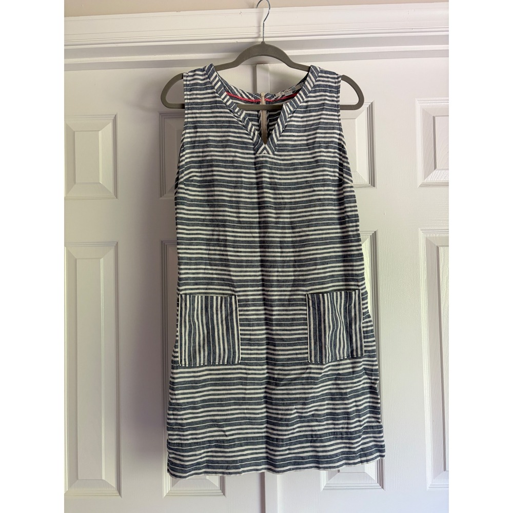 Boden Linen Striped Shift Dress 6 Blue White Fishermancore Coastal Nautical